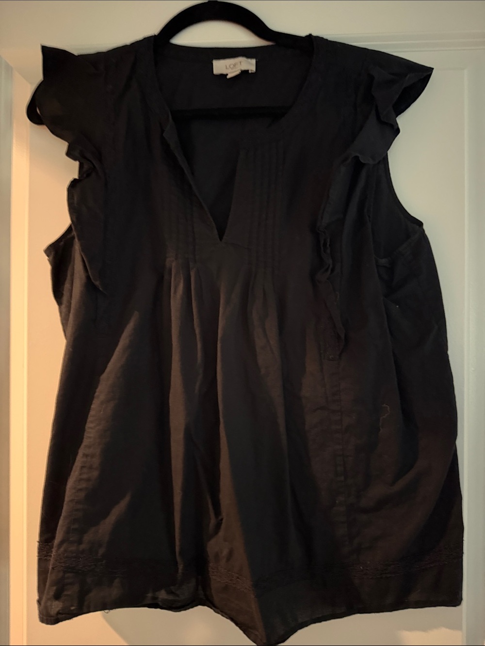 LOFT Black Ruffle Cap-Sleeve V-Neck Blouse